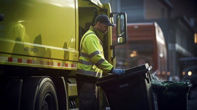 Ein Foto eines Arbeiters, der Recyclingbehälter in einen Sammelwagen leert