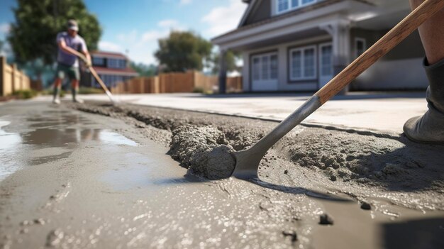 Ein Foto eines Bauunternehmers, der Beton für eine Auffahrt gießt