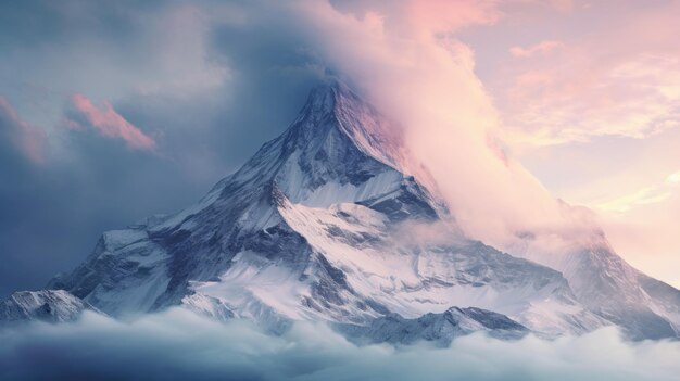 Ein Foto eines Berggipfels mit wirbelnden Wolken und zerklüftetem Gelände