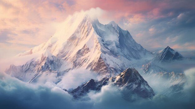 Ein Foto eines Berggipfels mit wirbelnden Wolken und zerklüftetem Gelände