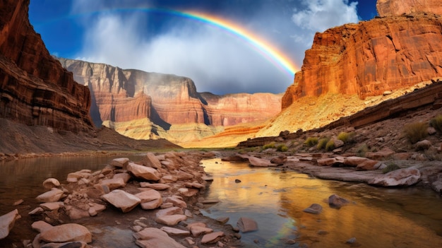 Ein Foto eines Canyons mit einem Regenbogen mit zerklüfteten Klippen