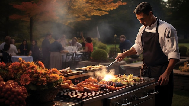 Ein Foto eines Catering-Chefs, der in einer rustikalen Küche im Freien kocht