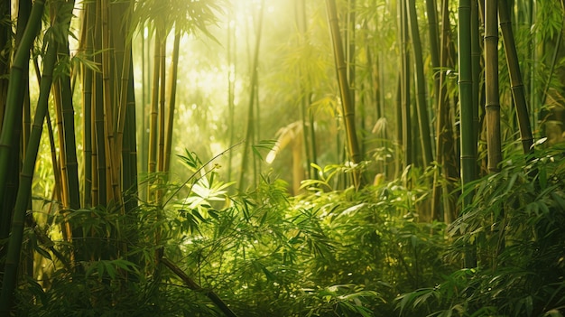 Ein Foto eines dichten Bambuswaldes, der das Sonnenlicht gefiltert hat