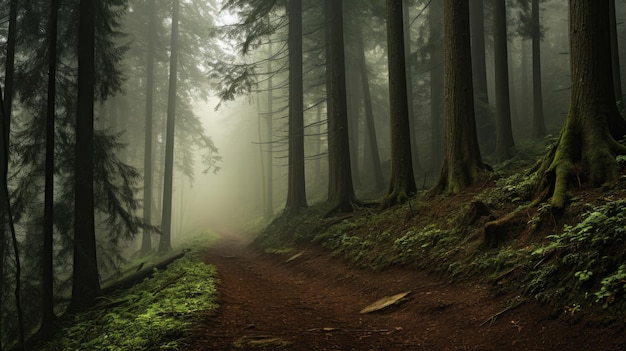 Ein Foto eines dichten nebligen Waldes mit einem kurvenreichen Weg mit weichem diffusem Licht