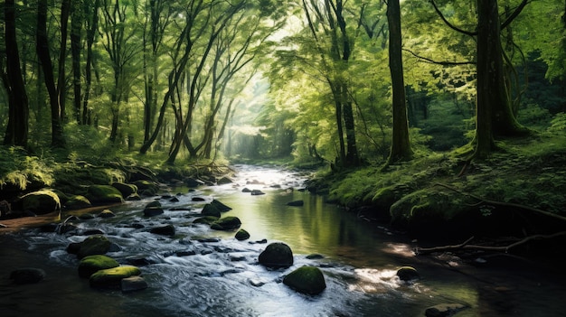 Ein Foto eines dichten Waldes mit einem schlängelnden Bach und weichem natürlichen Licht