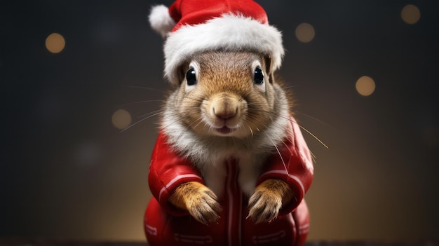 Ein Foto eines Eichhörnchens, das zur Weihnachtsfeier ein Weihnachtsmannkostüm und einen Hut trägt