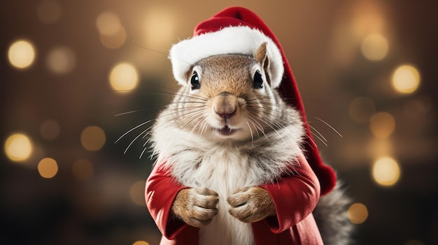 Ein Foto eines Eichhörnchens, das zur Weihnachtsfeier ein Weihnachtsmannkostüm und einen Hut trägt