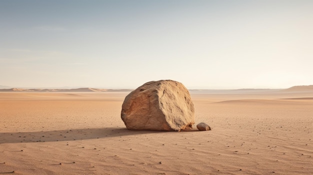 Ein Foto eines einzigen Felsens in einer Wüste mit endlosen Sanddünen