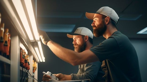 Foto ein foto eines elektrikers, der notbeleuchtung installiert