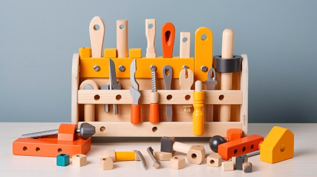 Ein Foto eines fantasievollen Spielwerkzeugsets mit Spielzeugwerkzeugen
