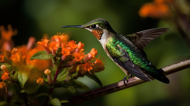 Foto ein foto eines farbenfrohen kolibris, der nektar trinkt