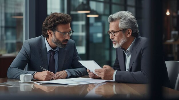 Ein Foto eines Finanzplaners, der mit einem Kunden über Strategien diskutiert