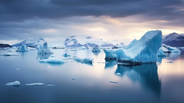 Ein Foto eines Fjords mit einer Gruppe von Eisbergen und einem bewölkten Himmel