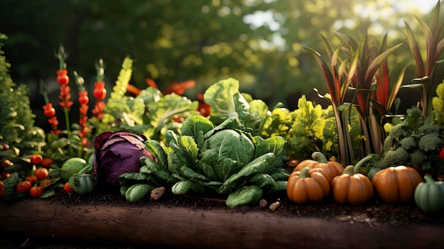 Foto ein foto eines gartenbettes mit einer vielfältigen mischung aus gemüse