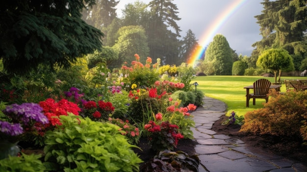 Ein Foto eines Gartens mit blühenden Regenbogenblumen