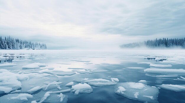 Ein Foto eines gefrorenen Sees mit Eisblättern über dem bewölkten Himmel
