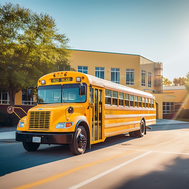 ein Foto eines gelben Schulbusses vor einer Schule