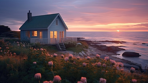 Ein Foto eines gemütlichen Küstenhauses mit sanftem Sonnenuntergang