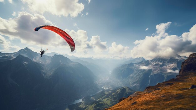 Ein Foto eines Gleitschirms, der über einer atemberaubenden Landschaft schwebt