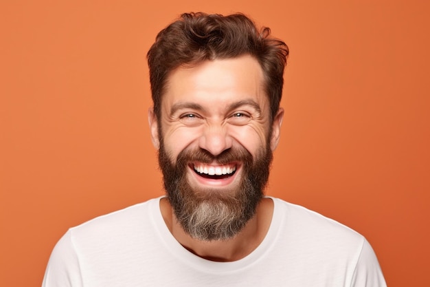 Ein Foto eines glücklichen jungen weißen Mannes mit Bart in einem weißen T-Shirt, der allein auf einen orangefarbenen Hintergrund in die Kamera zeigt