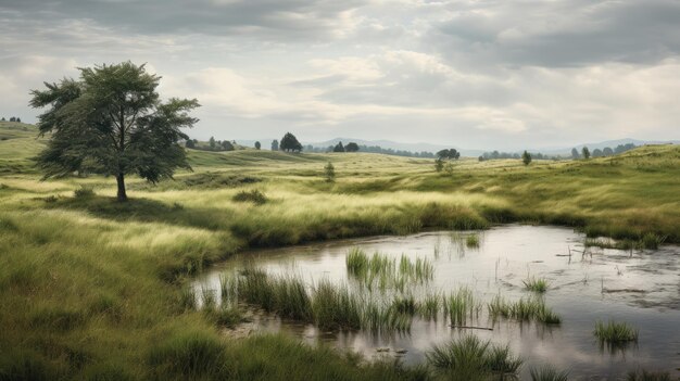 Foto ein foto eines graslandes mit einem kleinen teich mit üppigem grün