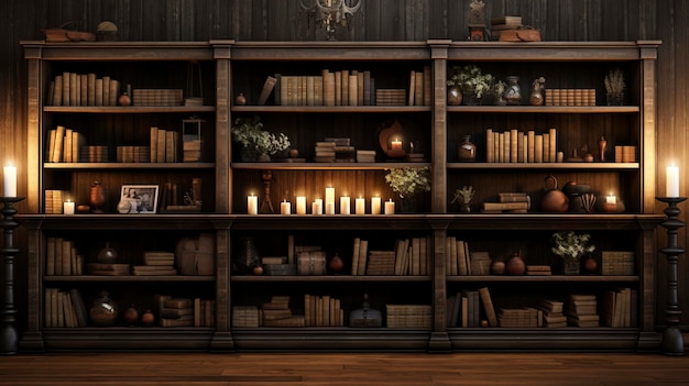 Ein Foto eines gut dekorierten Bücherregals mit Büchern und Ornamenten