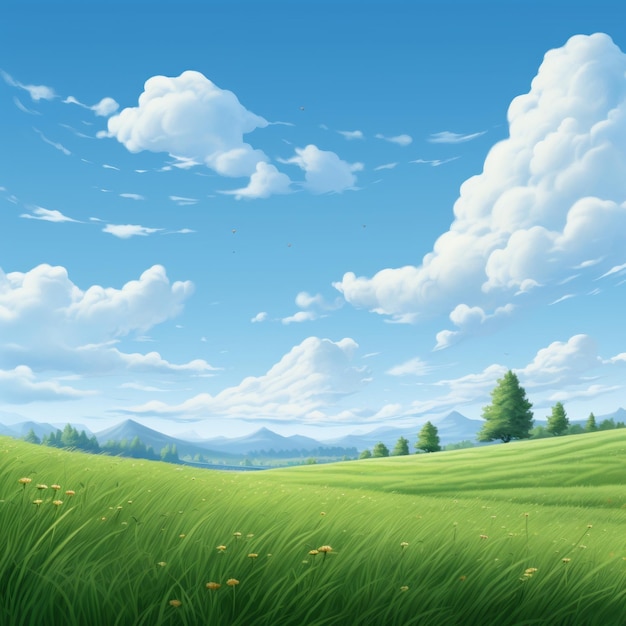 ein Foto eines Himmels voller flauschiger Wolken, das eine realistische Landschaft mit weichen Kanten zeigt. Der üppige Landschaftshintergrund verleiht einen Hauch von pastoralem Charme und erinnert an skurrile Anime-Szenen. Das B