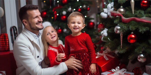 Ein Foto eines hübschen Familienmitglieds, das Weihnachten voller Freude dekoriert