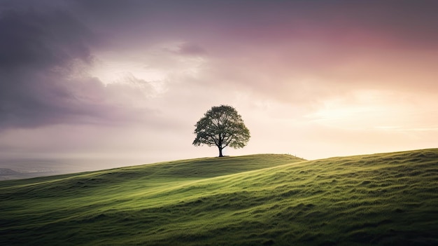 ein Foto eines Hügels mit einem einsamen Baum, einem grasbewachsenen Hang, einem weichen Dämmerungslicht