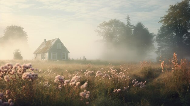 Foto ein foto eines hüttenhauses, das in einem weichen, weichen nebel eingebettet ist