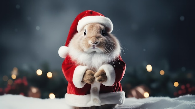 Ein Foto eines Kaninchens, das zur Weihnachtsfeier ein Weihnachtsmannkostüm und eine Mütze trägt