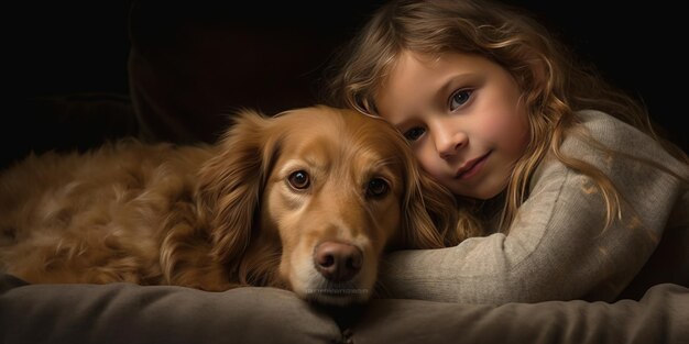 ein Foto eines Kindes und ihres Hundes, die zusammen auf einer gemütlichen Couch gekuschelt sind