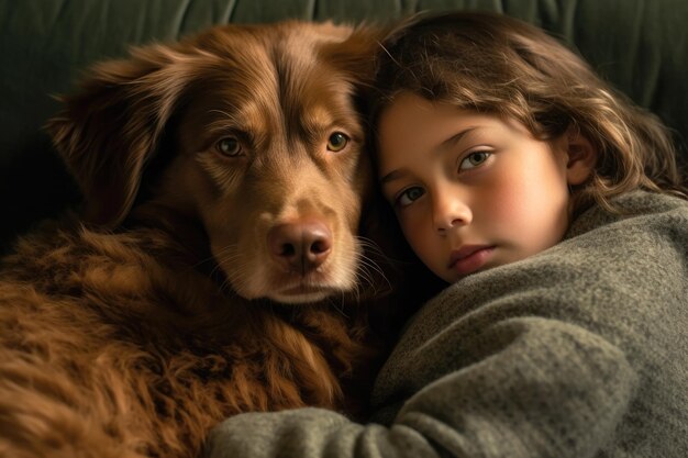 Ein Foto eines Kindes und seines Hundes, die zusammen auf einer gemütlichen Couch liegen. Generative KI