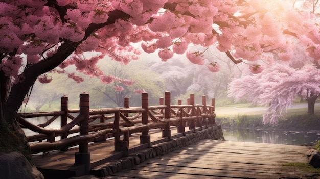 Ein Foto eines Kirschblütenbaums mit blühenden Blumen auf einer Holzbrücke