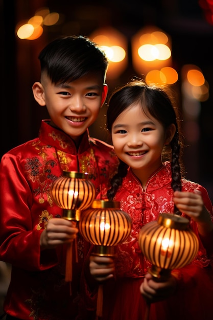 Ein Foto eines lächelnden chinesischen Jungen und Mädchens in einem roten chinesischen Kleid mit einer Laterne