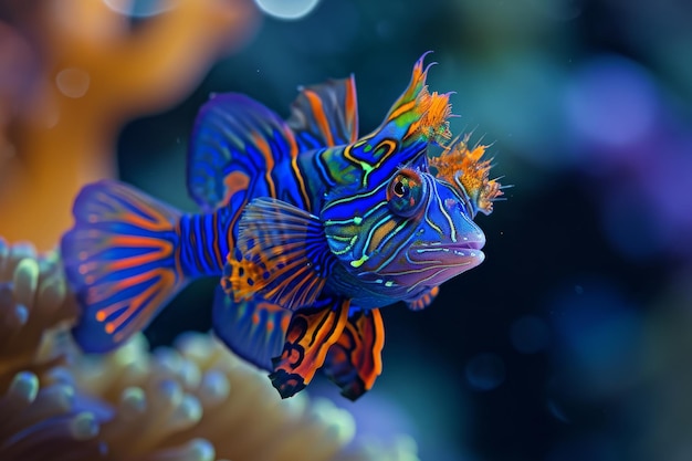 Ein Foto eines lebendigen blau-orangefarbenen Fisches, der in einem Aquarium zwischen den Pflanzen schwimmt. Die schillernden Farben eines Mandarinfisches, der im Ozean-Dämmerung angezeigt wird.