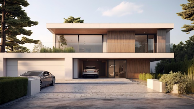 Ein Foto eines minimalistischen Hauses mit zwei Ebenen im Außenbereich