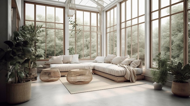 Ein Foto eines minimalistischen Wintergartens mit minimalistischen Möbeln