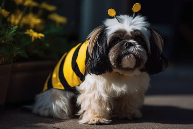 Foto ein foto eines mittelgroßen hundes, der als hummel gekleidet ist, mit schwarzen und gelben streifen und einem flauschigen