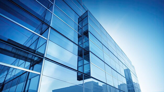Ein Foto eines modernen Gebäudes mit Glasfassade und klarem blauen Himmel