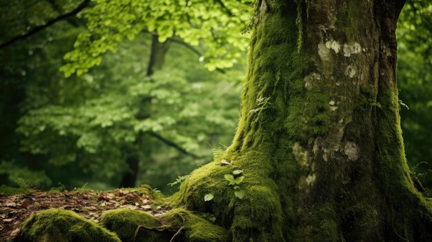 Ein Foto eines moosigen Baumstammes mit üppigem Laub im Hintergrund