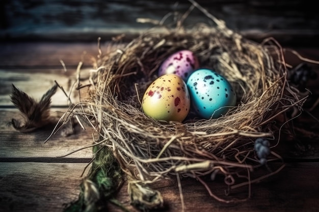 Ein Foto eines Nestes mit Eiern und einem Farbspritzer darauf.