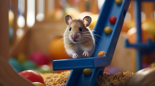 Ein Foto eines neugierigen Hamsters, der einen Miniatur-Trainingsspielplatz erkundet