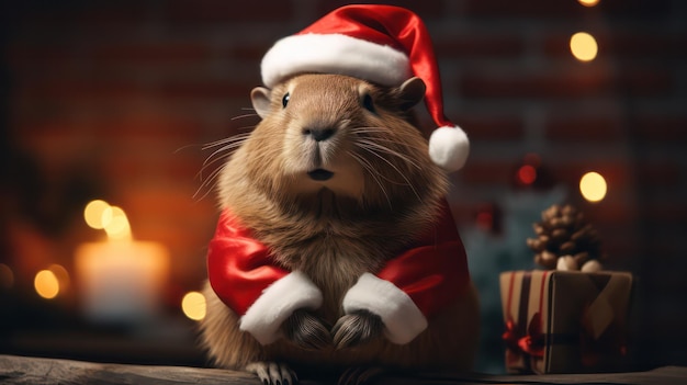 Ein Foto eines niedlichen Capybaras, der zur Weihnachtsfeier ein Weihnachtsmannkostüm und einen Hut trägt