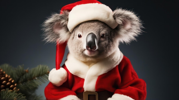 Ein Foto eines niedlichen Koalas, der zur Weihnachtsfeier ein Weihnachtsmannkostüm und eine Mütze trägt