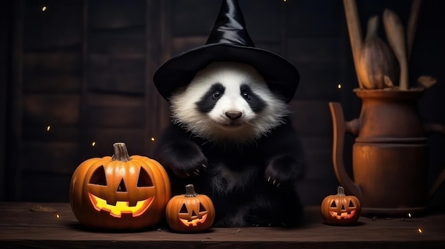 Ein Foto eines niedlichen Pandas, der bei Halloween-Feiern einen Hexenhut verwendet