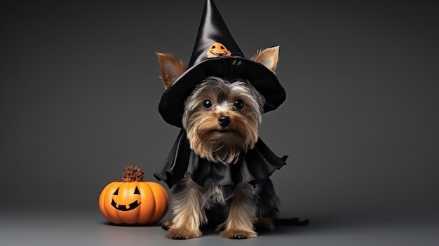Ein Foto eines niedlichen Yorkshire-Terrier-Hundes, der einen Hexenhut für die Halloween-Feier verwendet