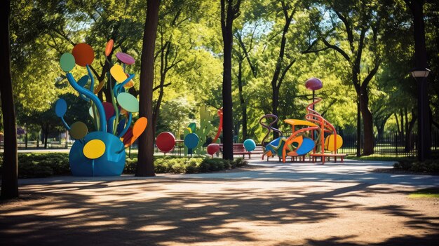 Ein Foto eines Parks mit einer skurrilen Skulptur mit fleckigen Schatten