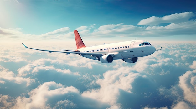 Ein Foto eines Passagierflugzeugs, das tagsüber mit Wolken am Himmel fliegt