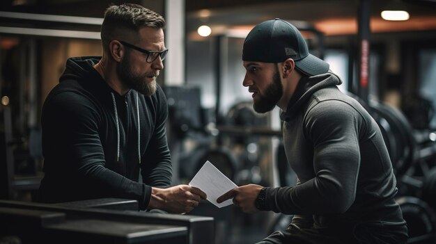 Foto ein foto eines personaltrainers, der einen klienten mit ermutigung motiviert